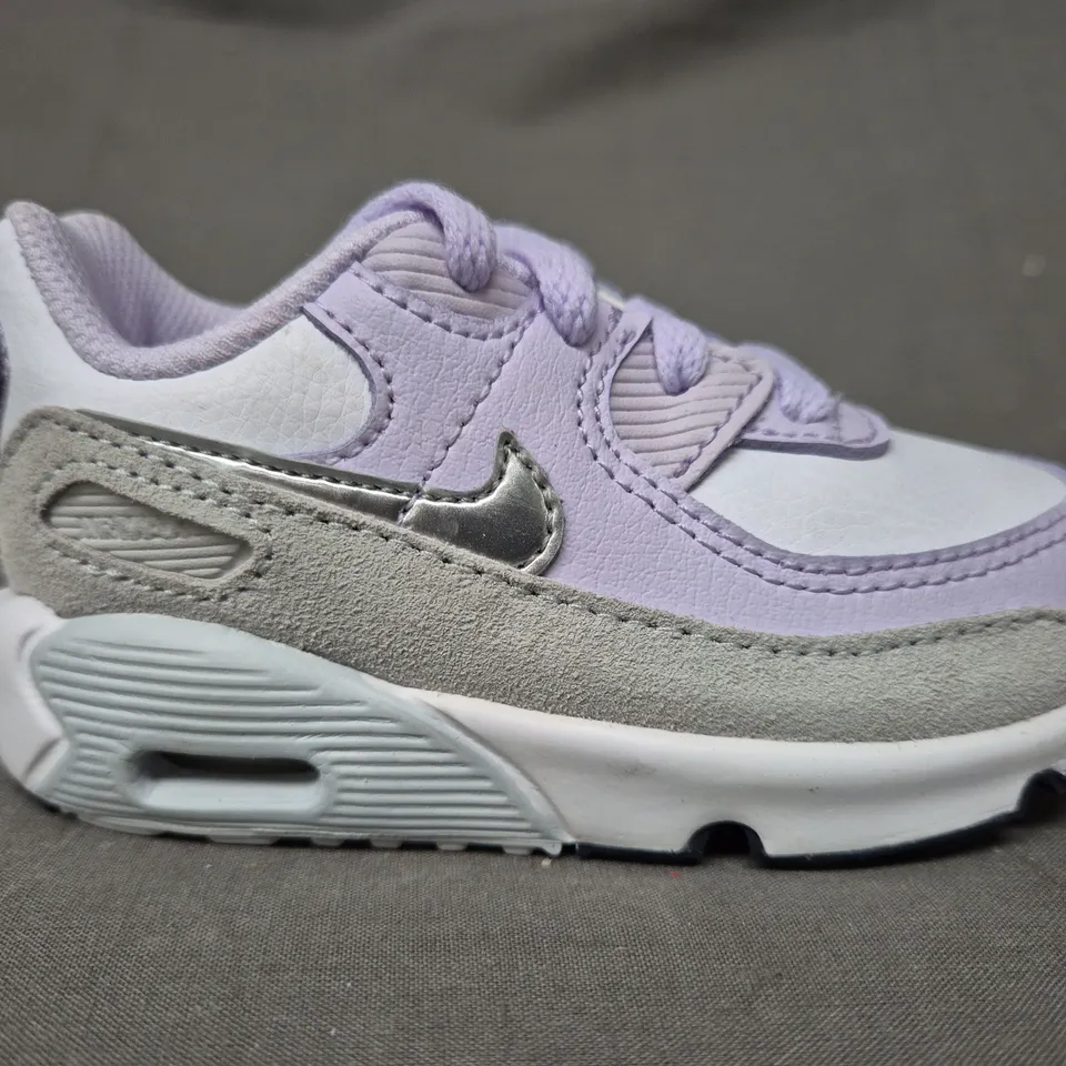 BOXED PAIR OF NIKE KID'S AIR MAX 90 SHOES IN LILAC/WHITE/GREY/SILVER UK SIZE 5.5