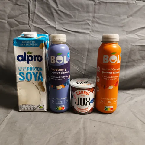 BOX OF APPROXIMATELY 10 ASSORTED FOOD AND DRINK ITEMS TO INCLUDE BOL POWER SHAKE, CARROT PIECES, ETC