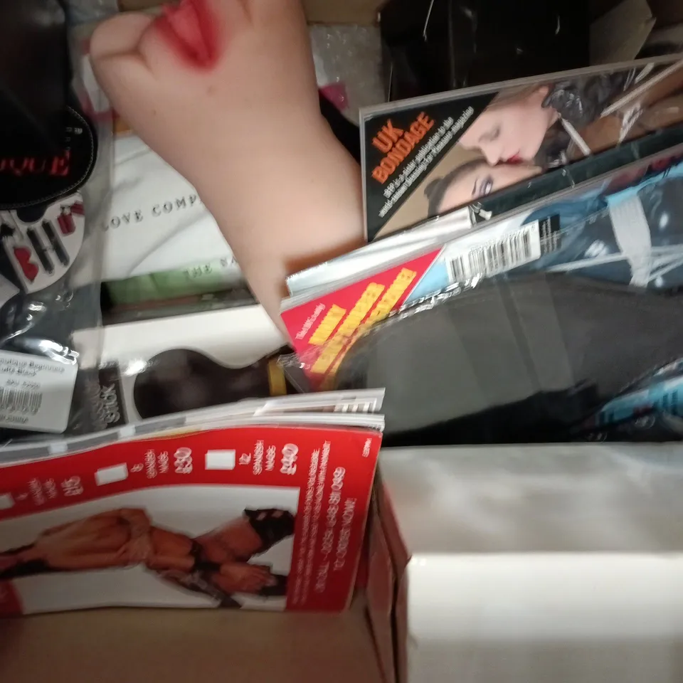 BOX OF APPROXIMATELY 20 ASSORTED ADULT ITEMS TO INCLUDE BLACK SATIN BLINDFOLD, SILICONE NIPPLE SUCKERS, FOXY LADY DVD, ETC
