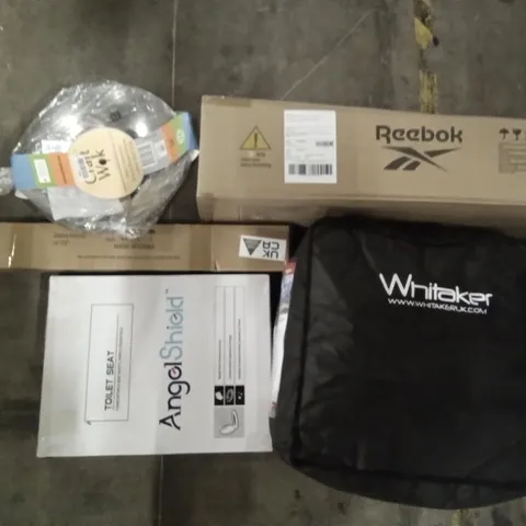 PALLET OF ASSORTED ITEMS INCLUDING ANGELSHIELD TOILET SEAT, ZEBRA BLINDS, CRAFT WOK, WHITAKER STABLE RUG, REEBOK TRAINING MAT, BENKSTEIN TOILET SEAT