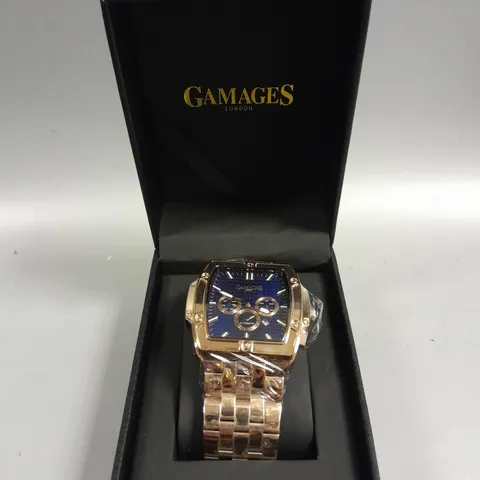 BOXED GAMAGES MAGNITUDE ROSE GOLD COLOUR BLUE DIAL WATCH