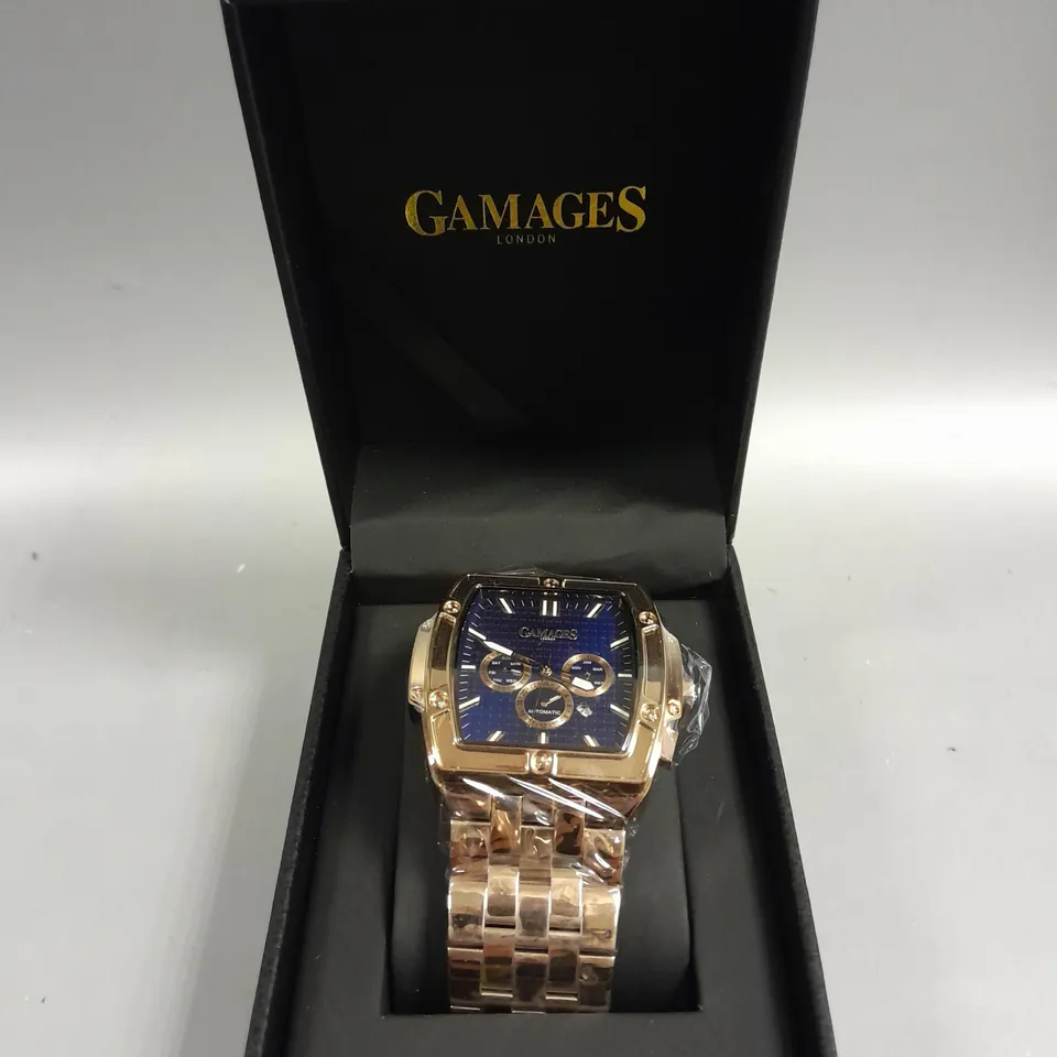 BOXED GAMAGES MAGNITUDE ROSE GOLD COLOUR BLUE DIAL WATCH 