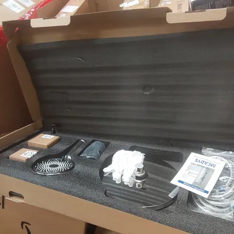 PALLET CONTAINING A LARGE QUANTITY OF MCADYS CHROME SHOWER SETS, FONTEVIVA MINERAL WATER AND OTHER ASSORTED ITEMS INCLUDING: CRAFTSMAN TRADE STACK TOOL CHEST, FISHER-PRICE BABY GYM ECT