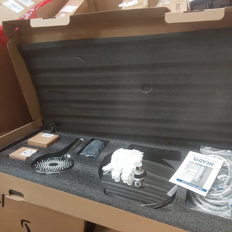 PALLET CONTAINING A LARGE QUANTITY OF MCADYS CHROME SHOWER SETS, FONTEVIVA MINERAL WATER AND OTHER ASSORTED ITEMS INCLUDING: CRAFTSMAN TRADE STACK TOOL CHEST, FISHER-PRICE BABY GYM ECT