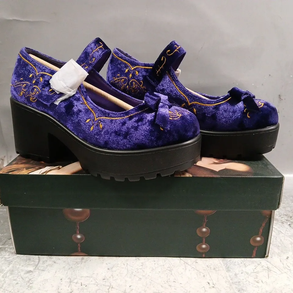 BOXED PAIR OF KOI TIRA VELVET MARY JANES ROYAL MANOR EDITION IN PURPLE SIZE UK 3