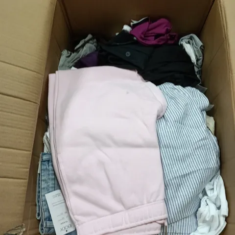 BOX OF APPROXIMATELY 30 ASSORTED CLOTHING ITEMS IN VARIOUS STYLES , COLOURS AND SIZES