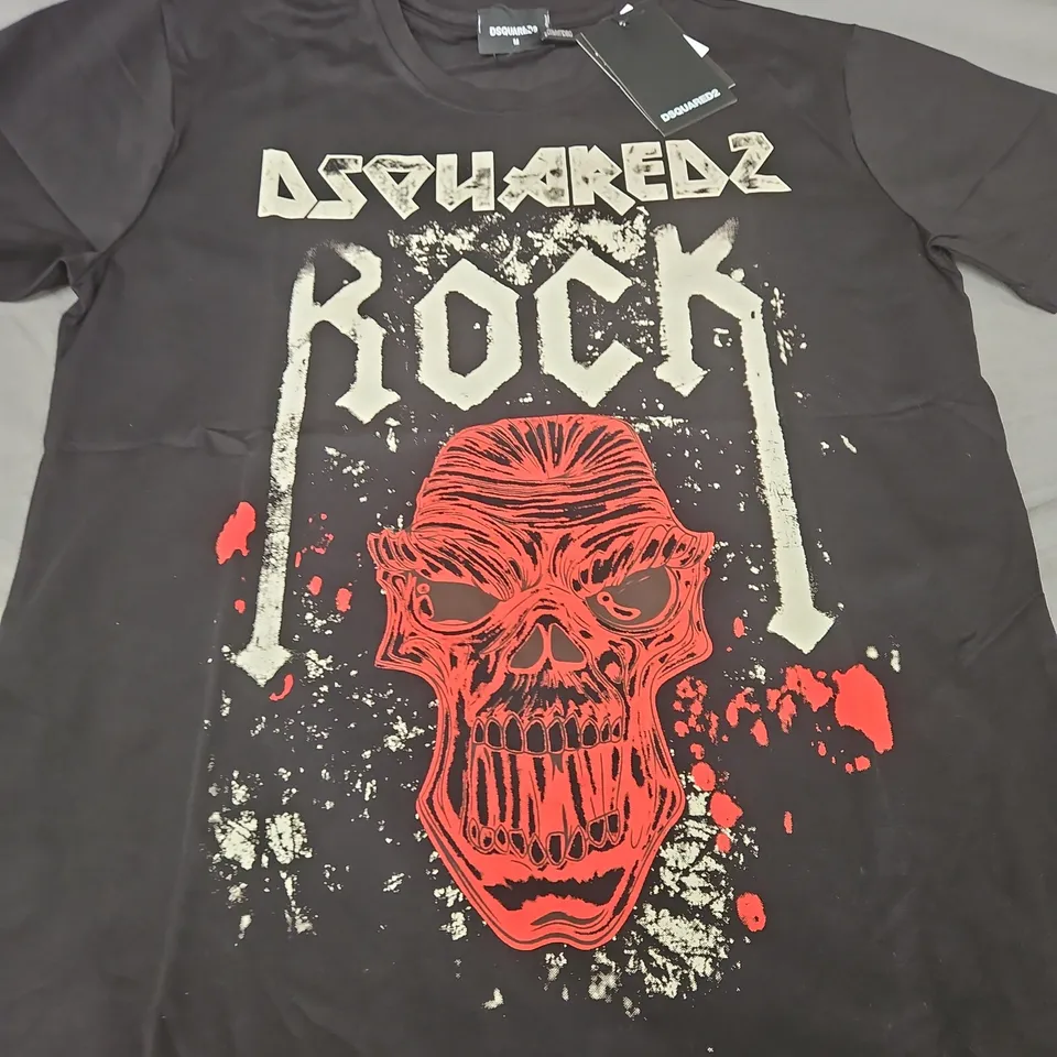 DSQUARED2 T-SHIRT – BLACK GRAPHIC SKULL 'ROCK', MEN'S SIZE M