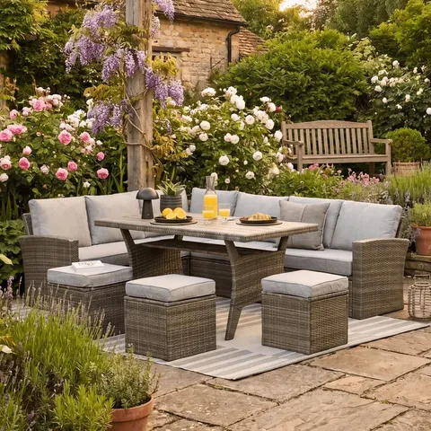 BOXED ASTON 9 SEATER RATTAN CORNER SOFA SET WITH POLYWOOD TOP - GREY