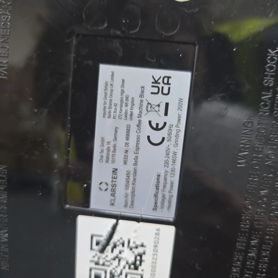 KLARSTEIN ESPRESSO COFFEE MACHINE – BLACK WITH BEAN HOPPER 