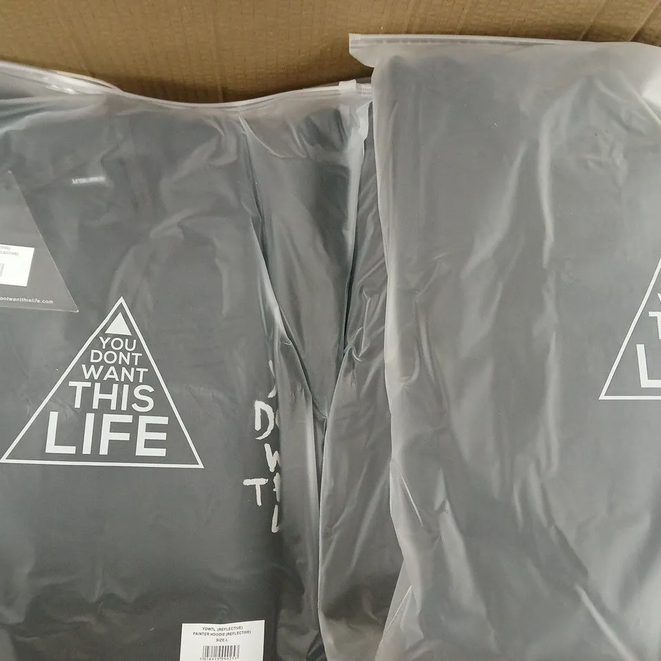 BOX OF APPROXIMATELY 18 YOU DON'T WANT THIS LIFE REFLECTIVE PAINTER HOODIES IN BLACK - SIZES VARY, BUT MAINLY LARGE
