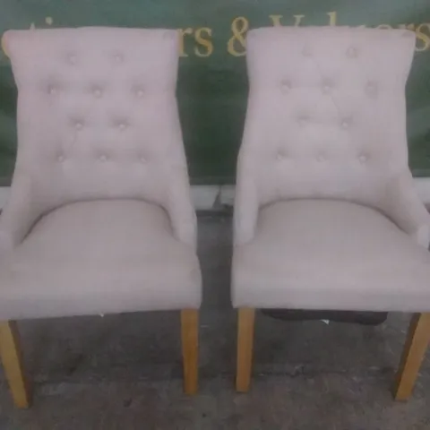 SET OF 2 NEW DUKE OATMEAL FABRIC BUTTON BACK DINING CHAIRS (OAK LEG)