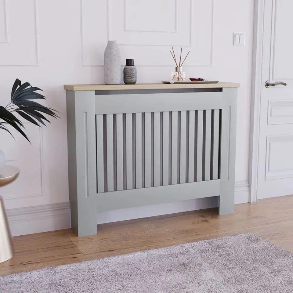 BOXED BEACSFIELD RADIATOR COVER- 83.3CM X 111CM- GREY & OAK (1 BOX)