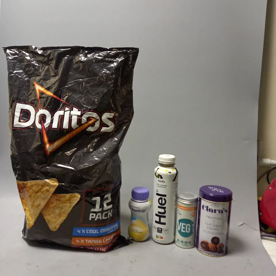 TOTE OF APPROX 8 ASSORTED FOOD ITEMS TO INCLUDE - HUEL VANILLA , CLARA'S TRUFFLES , VEG1 ETC