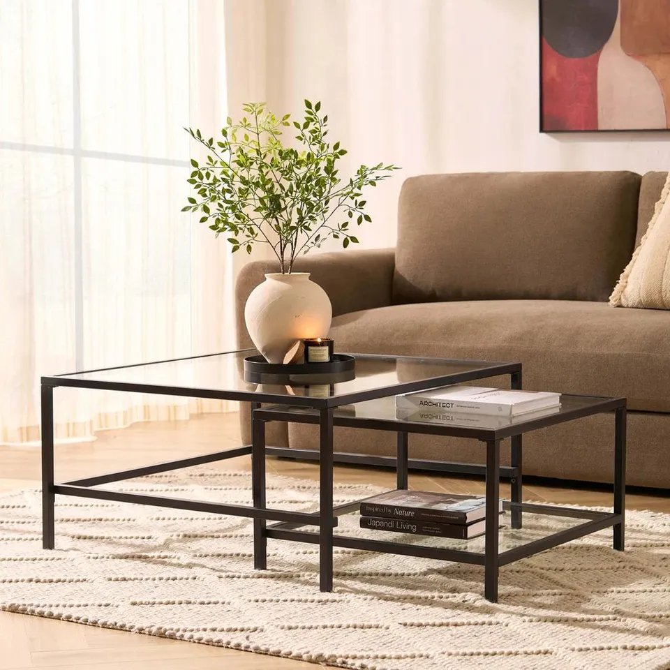 BOXED DUSK GLASS SQUARE NESTING COFFEE TABLES - BLACK (1 BOX)