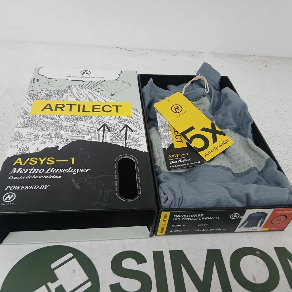 ARTILECT SYSTEMS DARKHORSE 185 ZONED CREW LS MERINO BASELAYER – WOMEN'S XS, STORM BLUE/SLATE (BOXED)