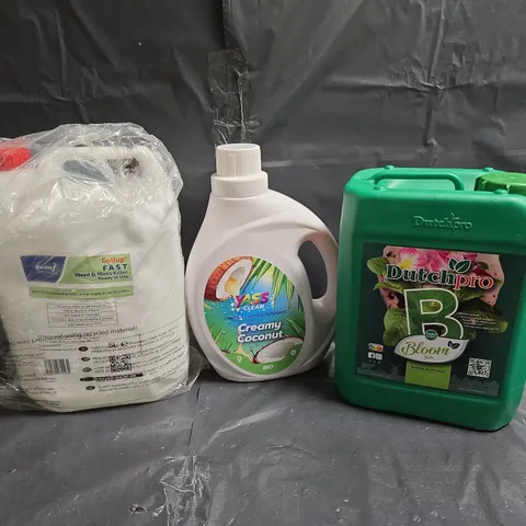 3 ASSORTED LARGE LIQUIDS TO INCLUDE DUTCHPRO BLOOM SOIL, YASS CLEAN CREAMY COCONUT, WEED & MOSS KILLER, ETC - COLLECTION ONLY