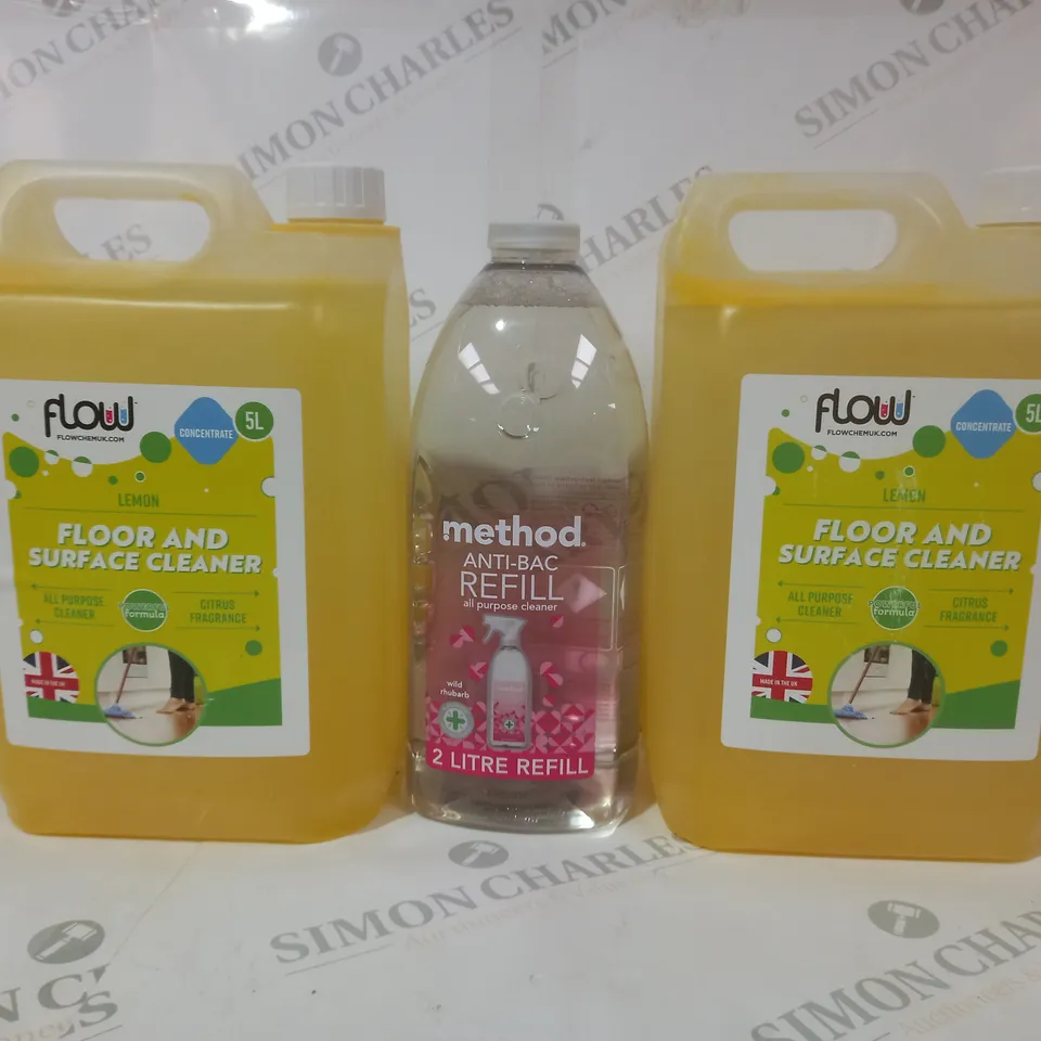 3 ASSORTED LIQUIDS TO INCLUDE FLOW FLOOR AND SURFACE CLEANER, AND METHOD ANTI-BAC REFILL