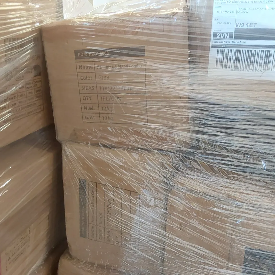 PALLET CONTAINING A VERY LARGE QUANTITY OF ASSORTED ITEMS INCLUDING: CAMPING CHAIR, BATHROOM FLOOR CABINET, HAMMOCK & STAND COMBOS ECT