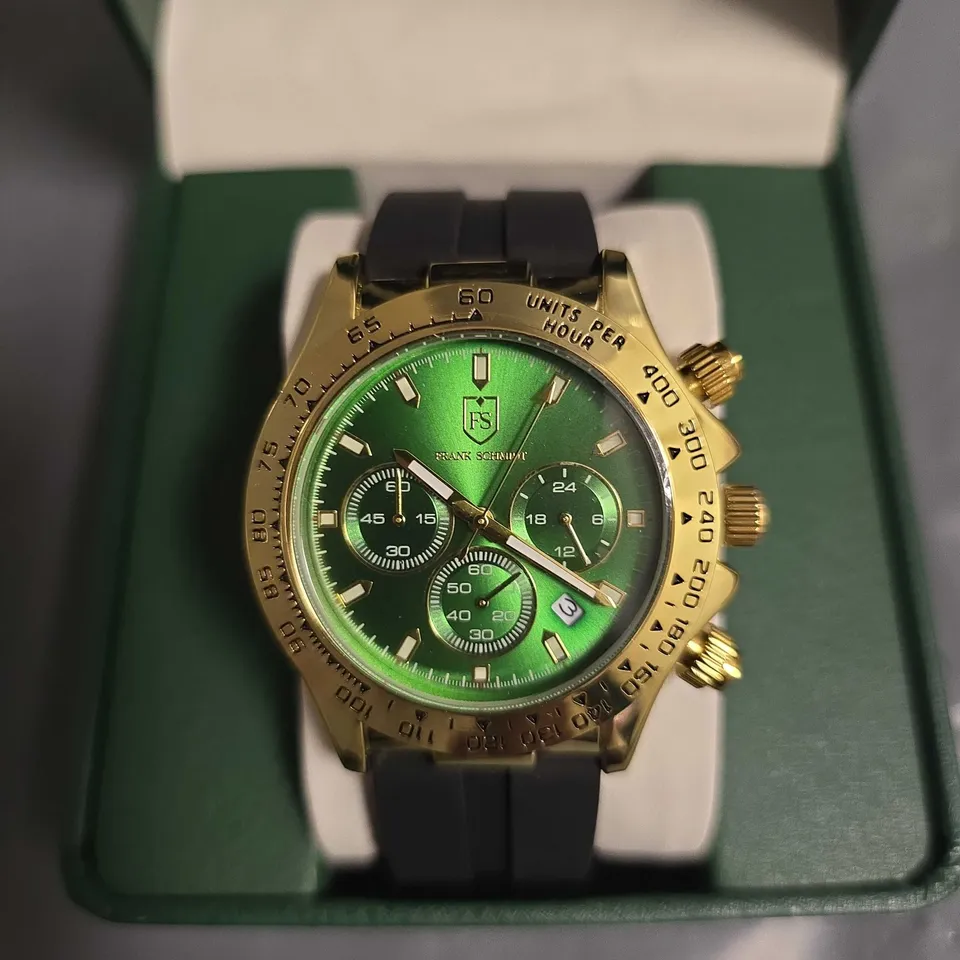 BOXED FRANK SCHMIDT GREEN DIAL GENTS WATCH WITH BLACK RUBBER STRAP