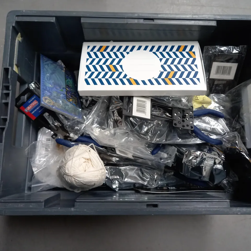 TOTE OF ASSORTED TOOLS AND ACCESSORIES TOO INCLUDE SIDE CUTTERS , KNIVES AND SILICONE , ETC 