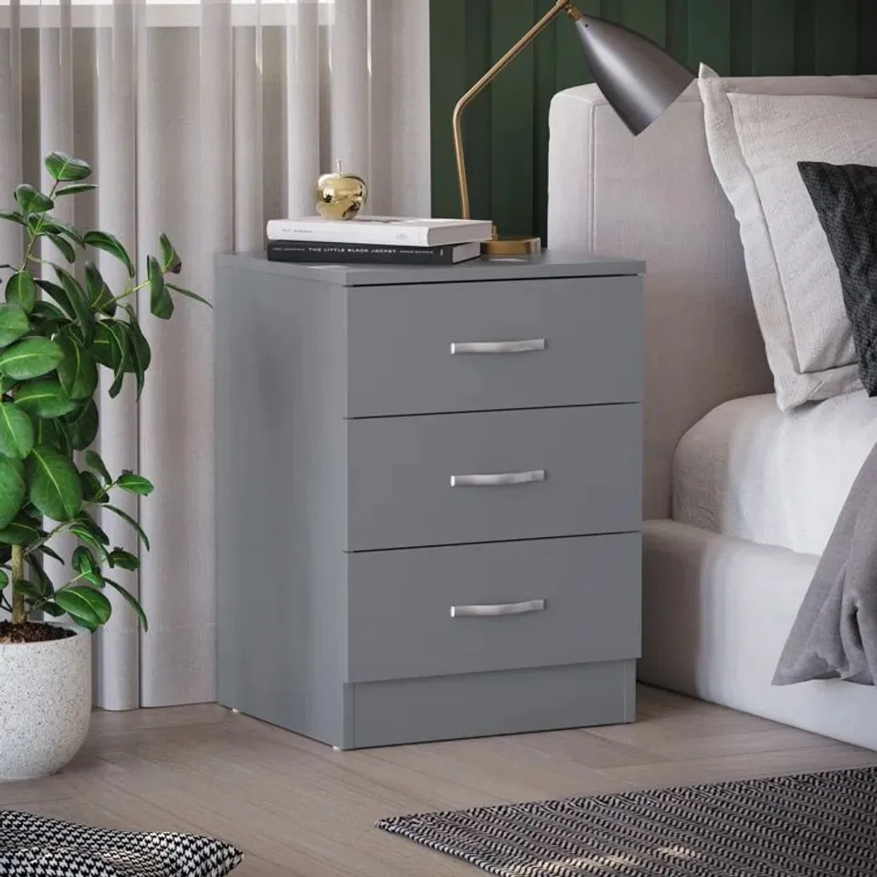 BOXED MAYBERY 3-DRAWER BEDSIDE TABLE NIGHTSTAND - GREY (1 BOX)