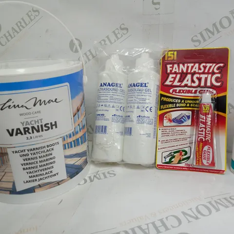 BOX OF APPROX 10 ASSORTED LIQUIDS TO INCLUDE - FANTASIC ELASTIC, YACHT VARNISH, OUD ETC