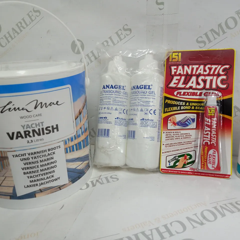 BOX OF APPROX 10 ASSORTED LIQUIDS TO INCLUDE - FANTASIC ELASTIC, YACHT VARNISH, OUD ETC