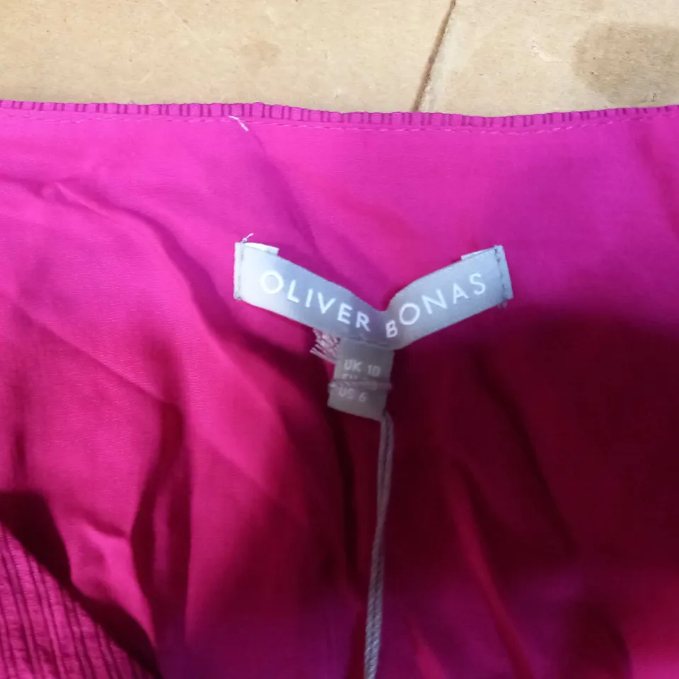 OLIVER BONAS PINK DRESS WITH FRILL SLEEVES AND BELT DETAIL - SIZE 10
