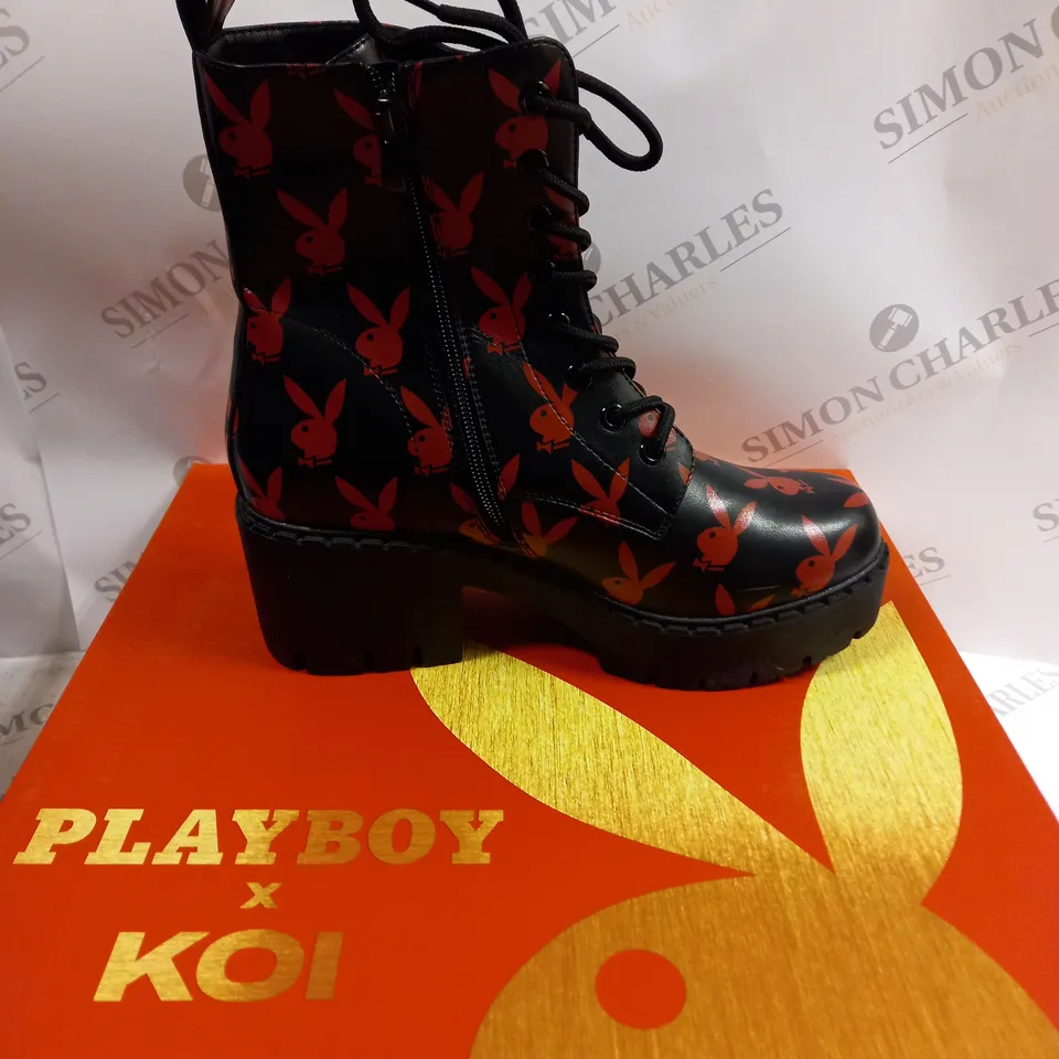 BOXED KOI FOOTWEAR THE ORNATE SOUL PLAYBOY RED HEELED BOOTS - 6