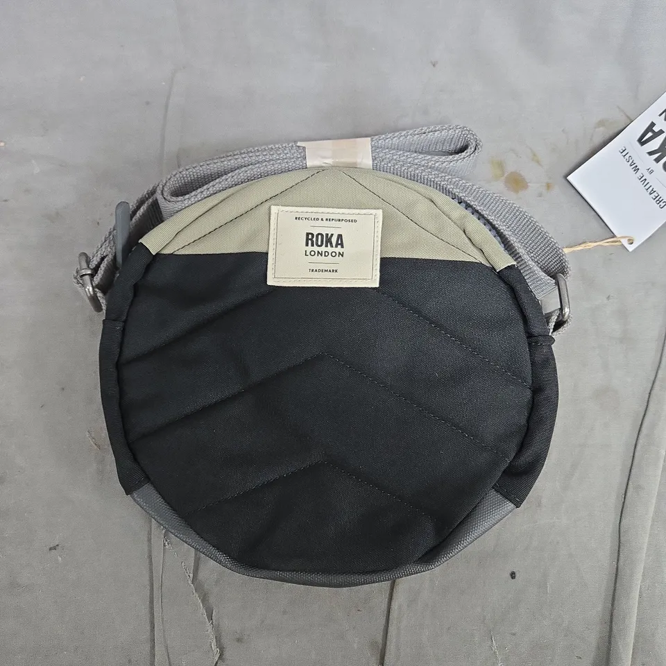 ROKA LONDON ROUND CROSSBODY BAG - BLACK WITH BEIGE PANEL, GREY STRAP