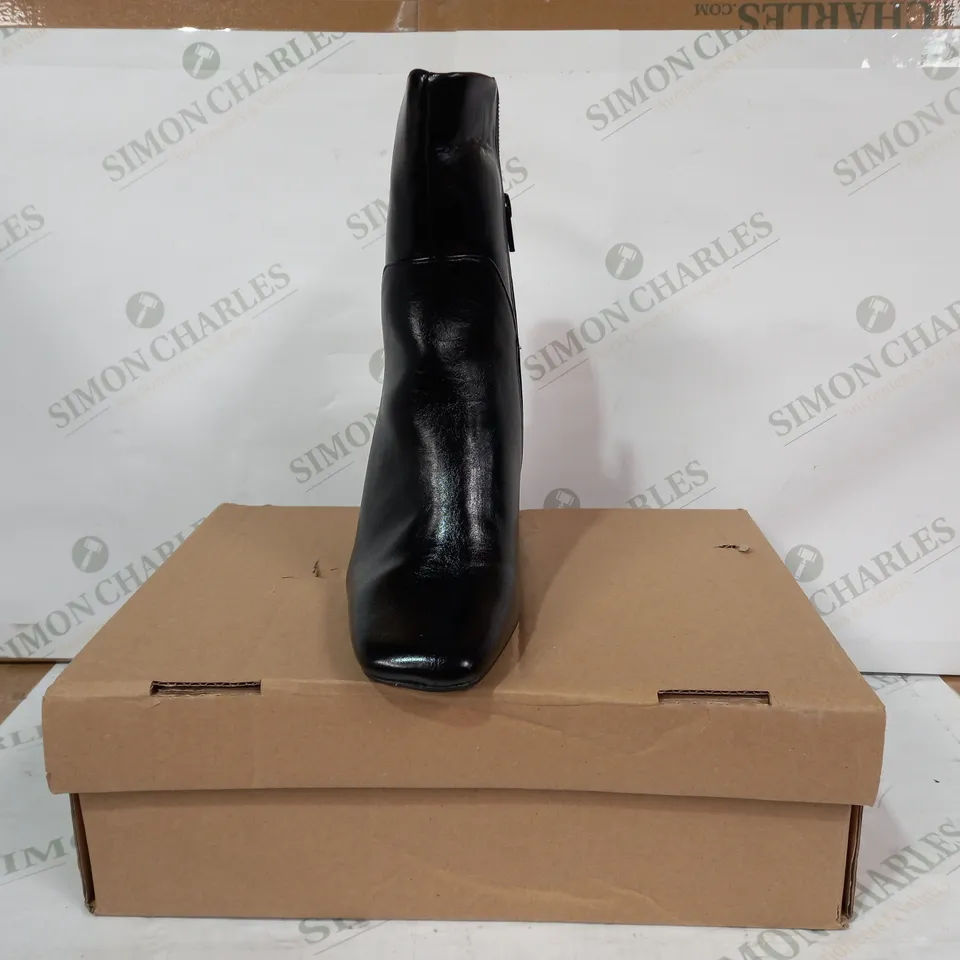 BOXED PAIR OF ASOS DESIGN EMBASSY HIGH HEELED ANKLE BOOTS IN BLACK UK SIZE 5