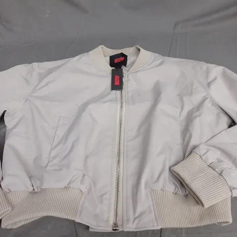 MISSPAP OVERSIZED WOVEN CROPPED BOMBER IN STONE - SIZE 14