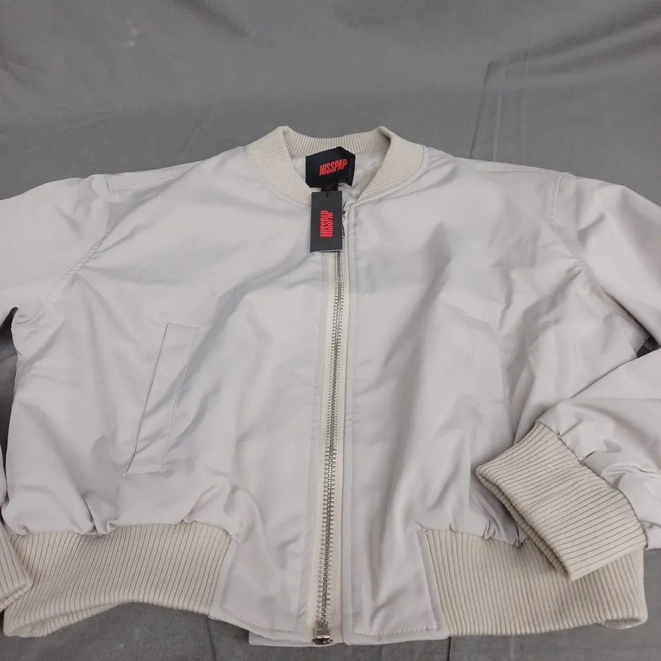 MISSPAP OVERSIZED WOVEN CROPPED BOMBER IN STONE - SIZE 14