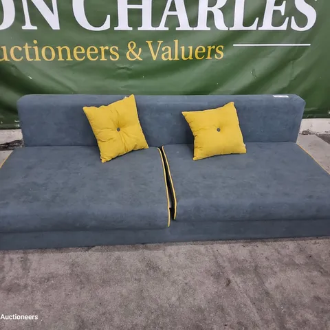 DESIGNER THREE SEATER SOFA WITH STORAGE GREY FABRIC WITH YELLOW PIPING