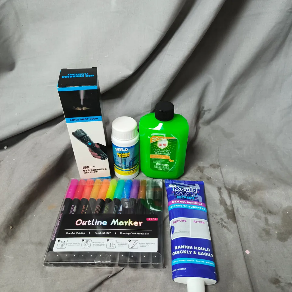 APPROXIMATELY 15 ASSORTED HOUSEHOLD ITEMS TO INCLUDE MOULD MAGIC MOULD REMOVER, OUTLINE MARKERS AND USB CHARGING FLASHLIGHT