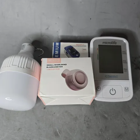 APPROXIMATELY 8 ASSORTED ITEMS TO INCLUDE - MICROLIFE , SMALL WHIRLWIND BLADELESS FAN ETC