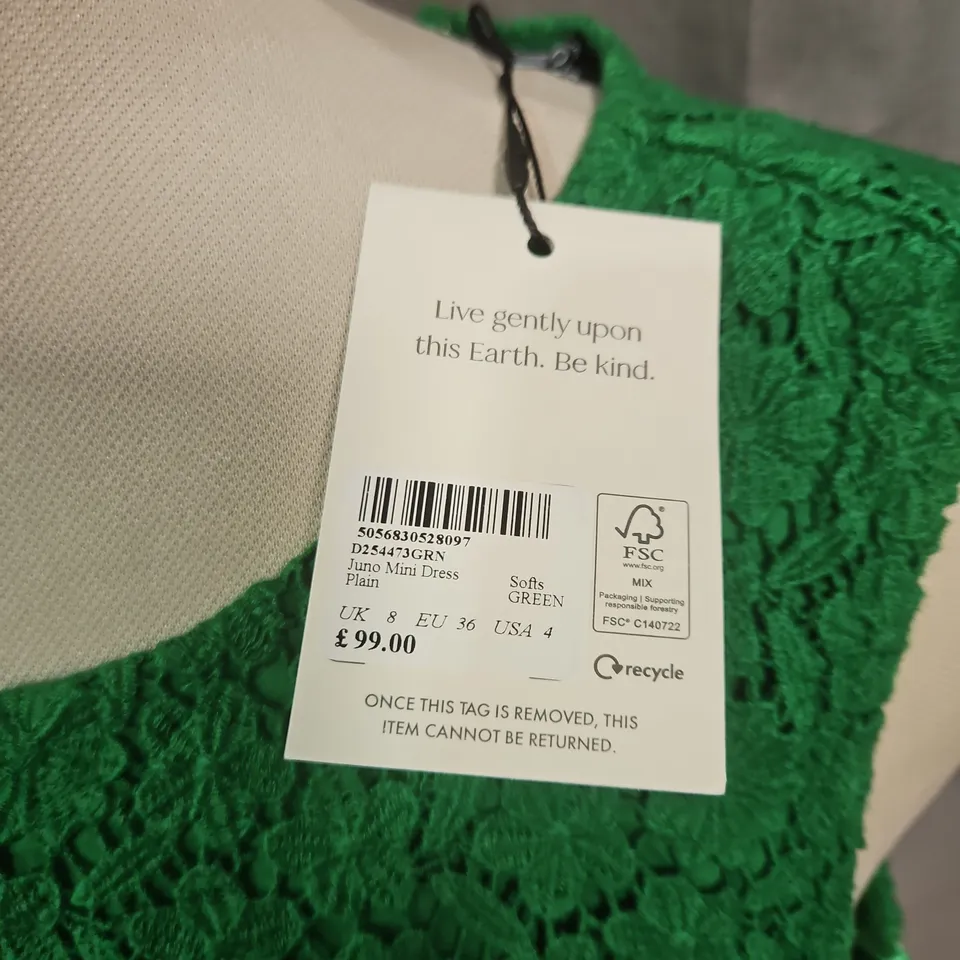 NOBODY'S CHILD JUNO MINI DRESS, LACE OVERLAY - GREEN  - UK 8