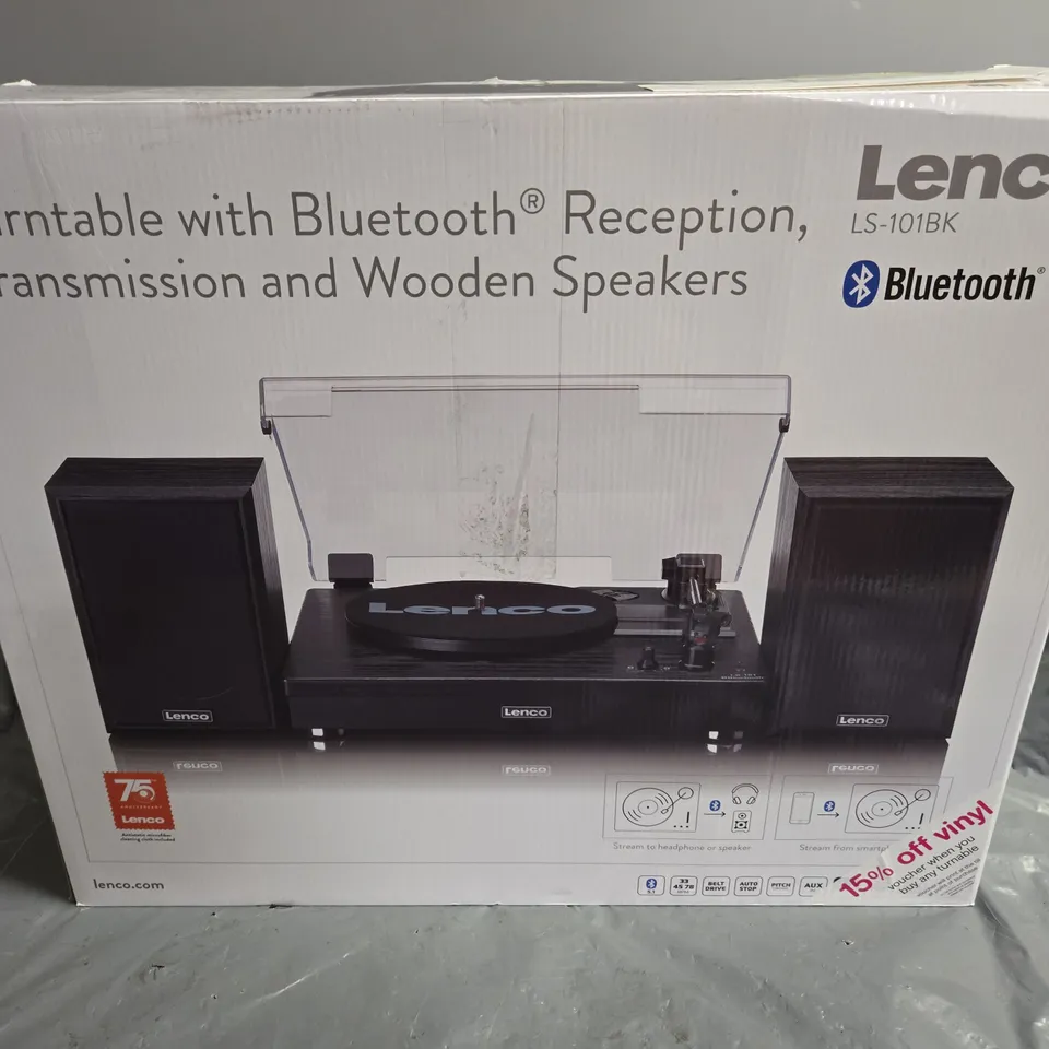LENCO LS-10BK TURNTABLE WITH BLUETOOTH RECEPTION, TRANSMISSION AND WOODEN SPEAKERS