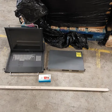 PALLET OF ASSORTED ITEMS INCLUDING: OMNIVIEW U RACK NOUNT CONSOLE, PHILIPS MASTER TL-D SUPER 80 36W/840 FLUORESCENT TUBES, CATALYST 3750 SERIES ETHERNET POE SWITCH, DIGITAL MP3 RADIO SPEAKER ECT