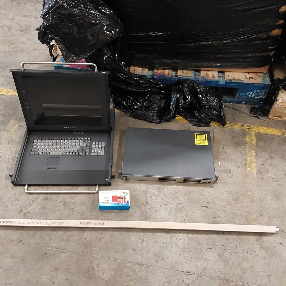 PALLET OF ASSORTED ITEMS INCLUDING: OMNIVIEW U RACK NOUNT CONSOLE, PHILIPS MASTER TL-D SUPER 80 36W/840 FLUORESCENT TUBES, CATALYST 3750 SERIES ETHERNET POE SWITCH, DIGITAL MP3 RADIO SPEAKER ECT