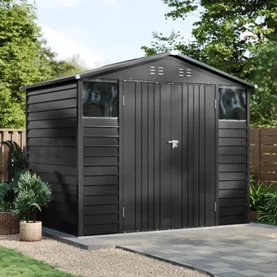 BOXED 8 x 5.7FT METAL APEX ROOF GARDEN STORAGE SHED - ANTHRACITE (2 BOXES)