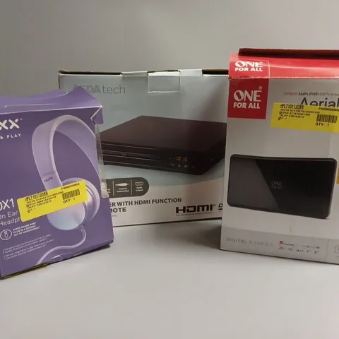 APPROXIMATELY 20 ASSORTED TECH PRODUCTS TO INCLUDE MIXX HEADPHONES, DVD PLAYER, HDTV INDOOR AERIAL