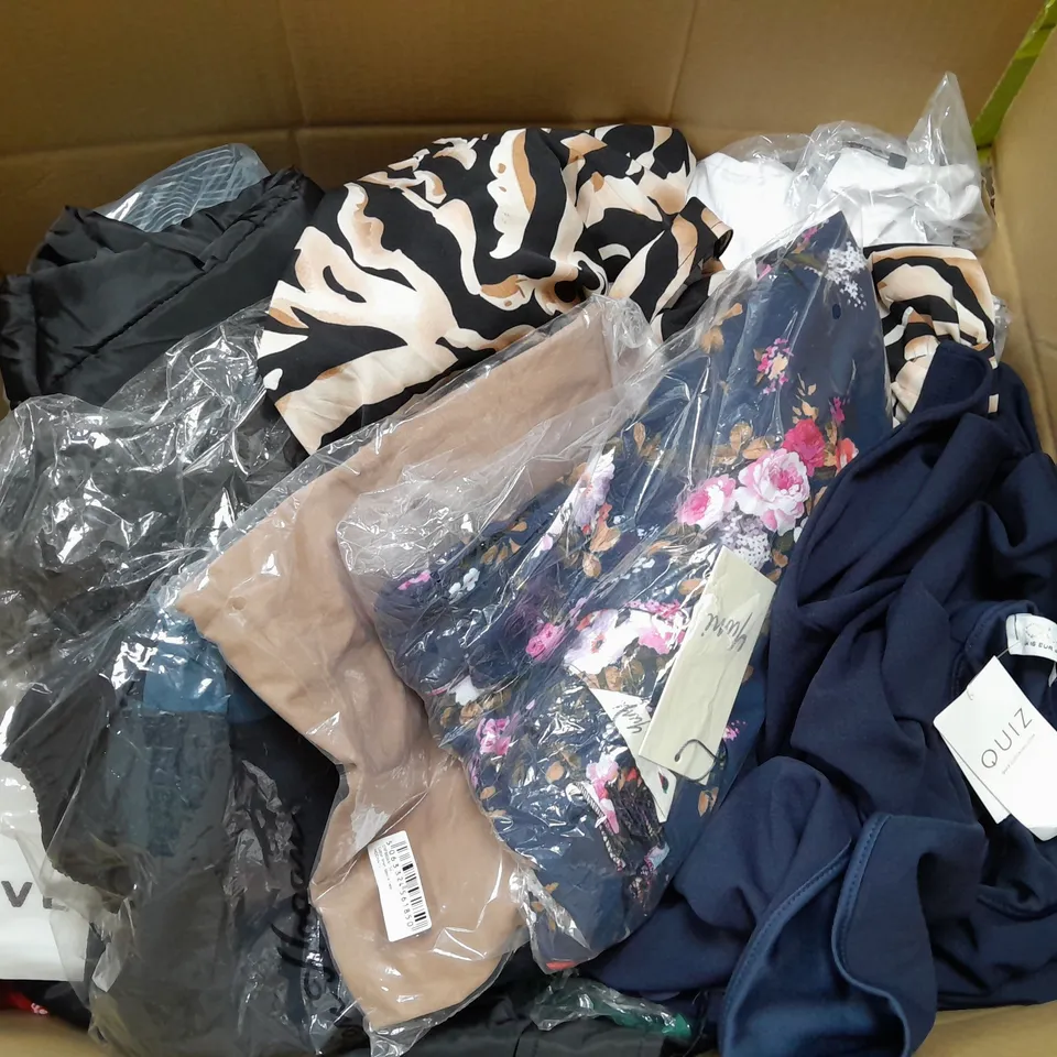 BOX OF APPROXIMATELY 25 ASSORTED CLOTHING ITEMS TO INCUDE - DRESS , SOCKS , TIGHTS ETC