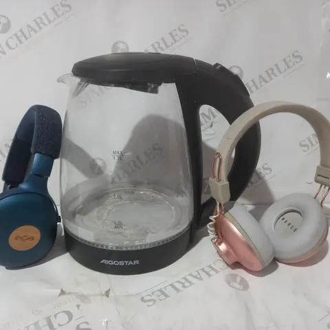 BOX OF APPROXIMATELY 15 ASSORTED HOUSEHOLD ITEMS TO INCLUDE HOUSE OF MARLEY OVER-EAR HEADPHONES IN ROSE, AIGOSTAR KETTLE IN BLACK, ETC