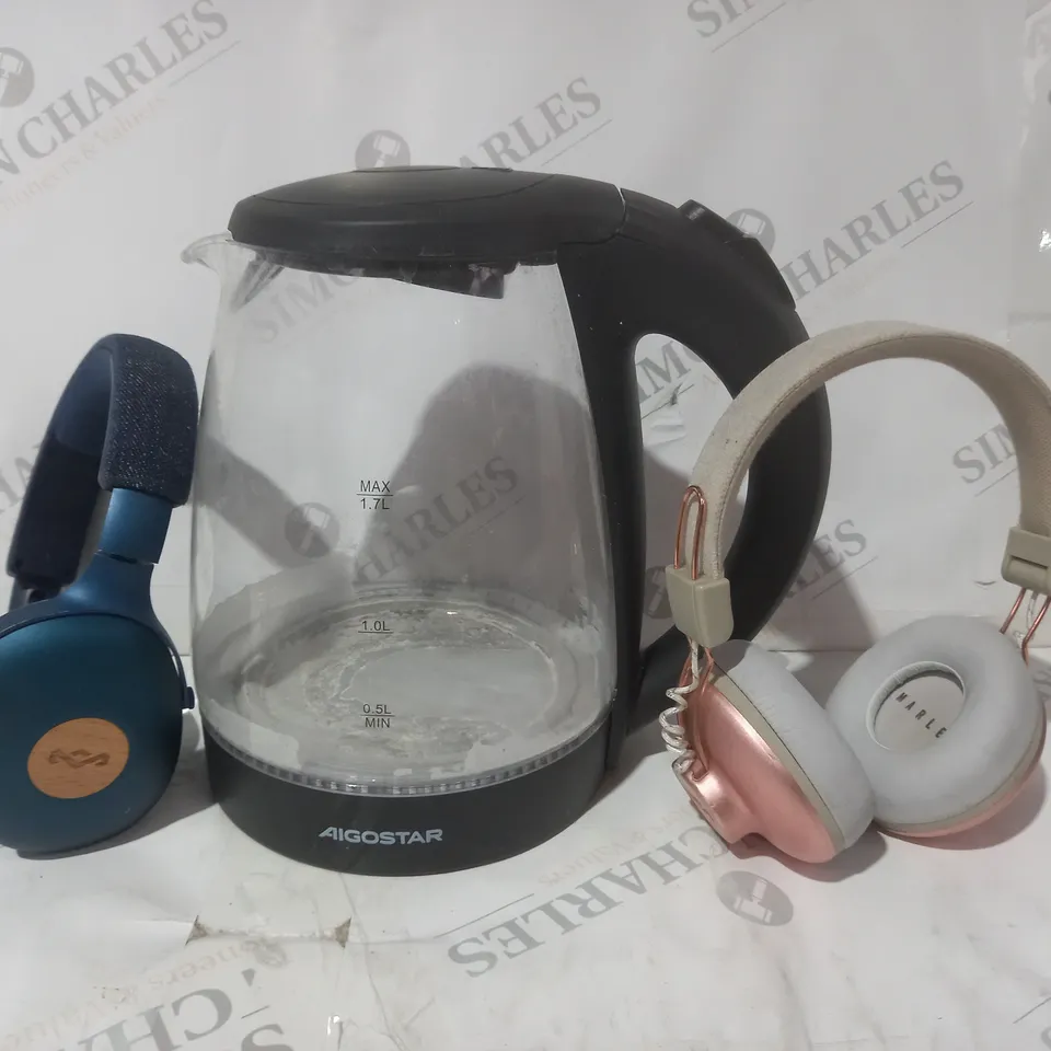 BOX OF APPROXIMATELY 15 ASSORTED HOUSEHOLD ITEMS TO INCLUDE HOUSE OF MARLEY OVER-EAR HEADPHONES IN ROSE, AIGOSTAR KETTLE IN BLACK, ETC