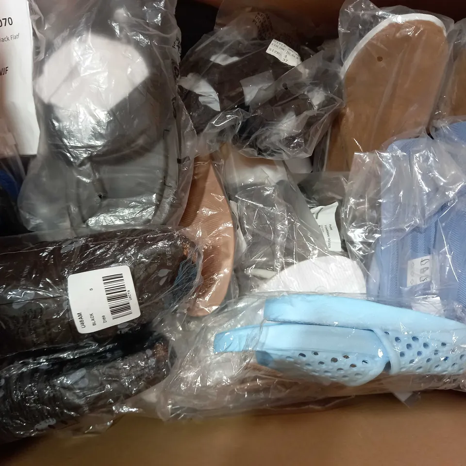 BOX OF APPROXIMATELY 20 ASSORTED PAIRS OF FOOTWEAR ITEMS TO INCLUDE UFK SPORT LACELESS SHOES IN GREY SIZE UNSPECIFIED, OFFICE SANDALS IN PINK WITH JEWEL EFFECT EU SIZE 40, ADIDAS SLIDE STYLE SANDALS I