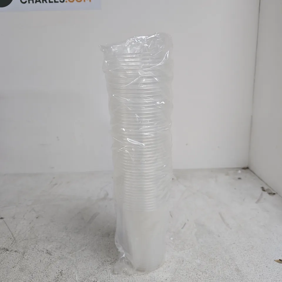 BOX OF LARGE AMOUNT OF CLEAR PLASTIC CUPS