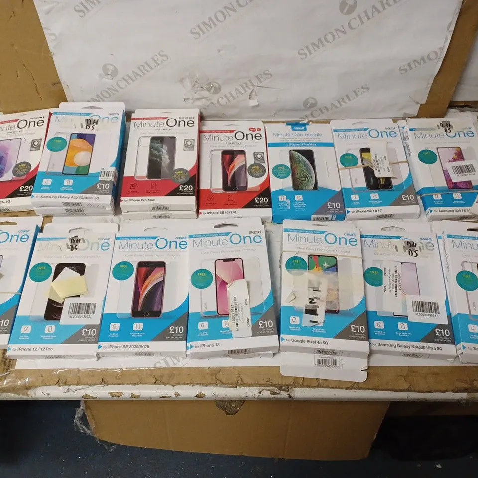 LOT OF 20 ASSORTED MINUTE ONE PREMIUM AND STANDARD CLEAR CASE & SCREEN PROTECTOR KITS FOR VARIOUS SMARTPHONE MODELS SUCH AS IPHONE, SAMSUNG GALAXY AND GOOGLE PIXEL