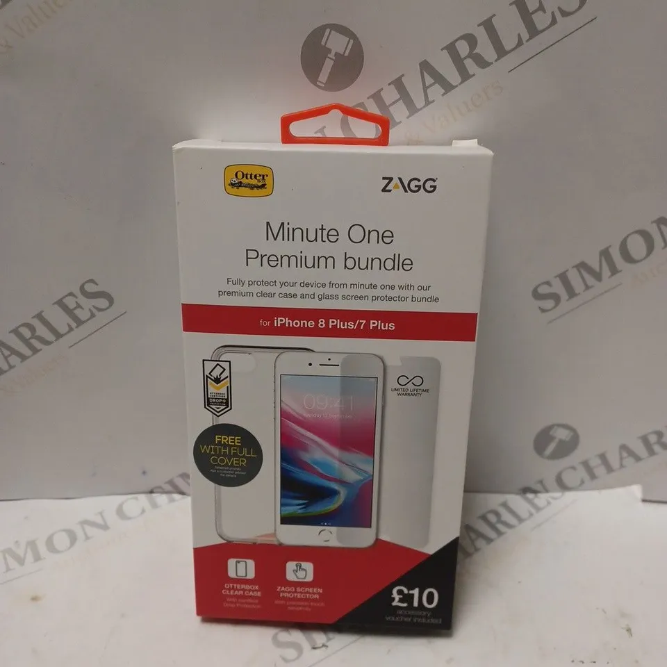 BOX OF APPROXIMATELY 15 ZAGG MINUTE ONE PREMIUM BUNDLE FOR IPHONE 8 PLUS / 7 PLUS