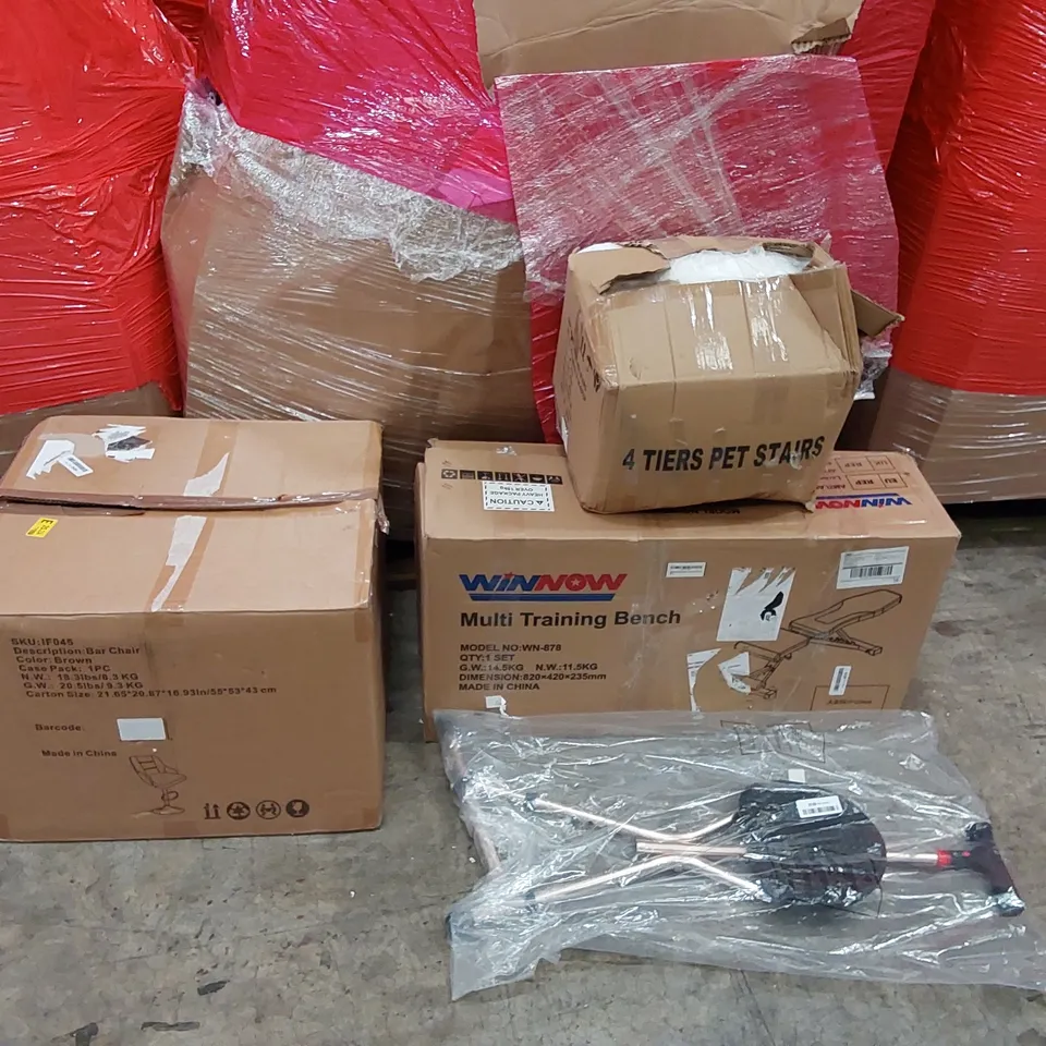 PALLET OF ASSORTED ITEMS INCLUDING: OFFICE CHAIR, WHITE SINGLE BED, MULTI TRAINING BENCH, KETTLEBELL SET, PORTABLE SEAT 